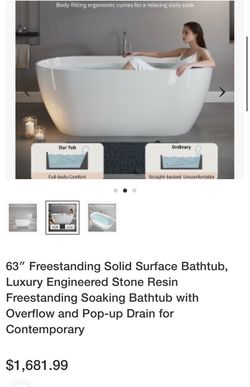 ‼️NEW 63" Freestanding Solid Surface Bathtub, Luxury Engineered Stone Resin Freestanding Soaking Bathtub