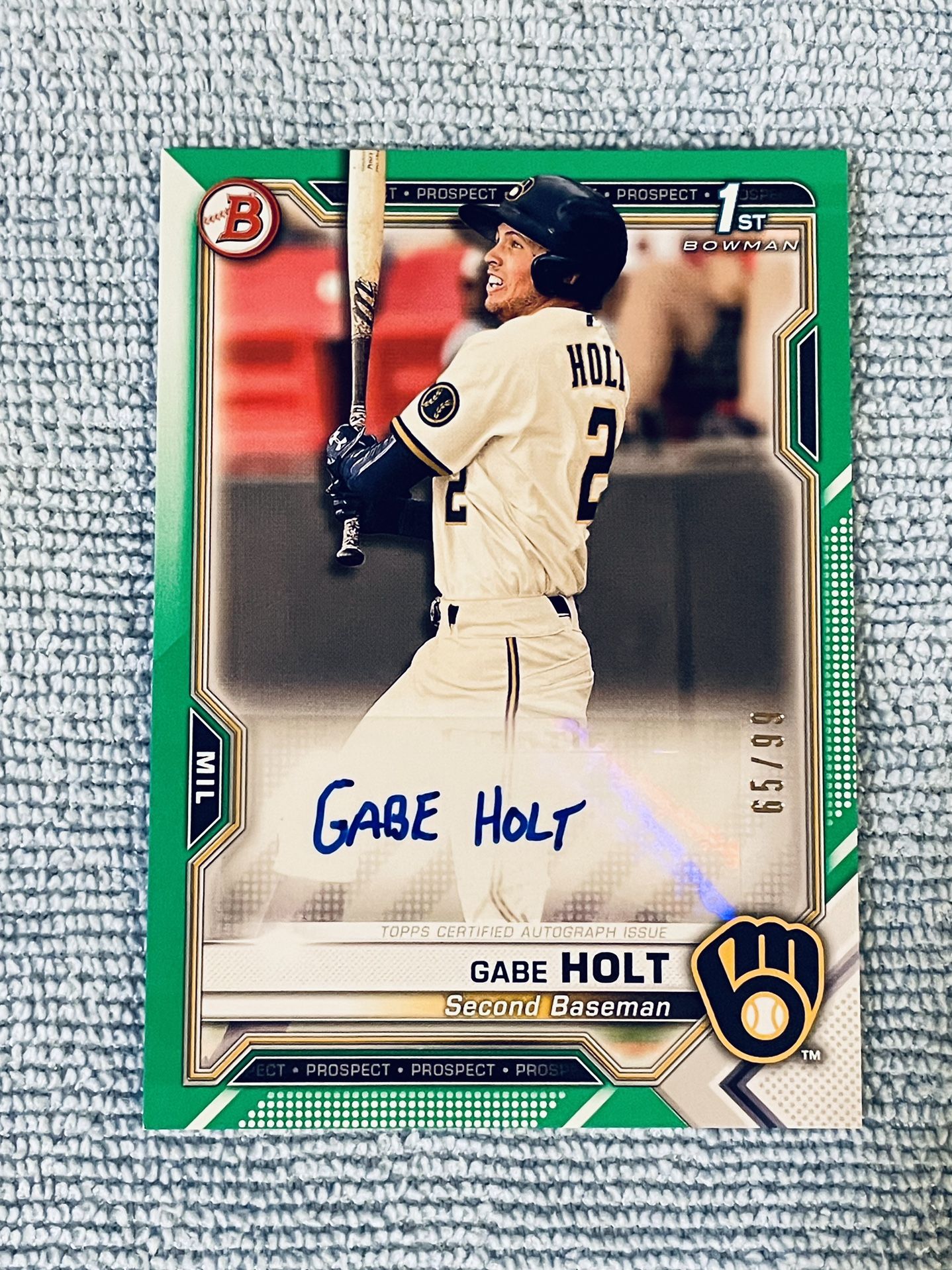 Gabe Holt Milwaukee Brewers 2021 Bowman Prospects 1st Bowman Autograph Green /99!