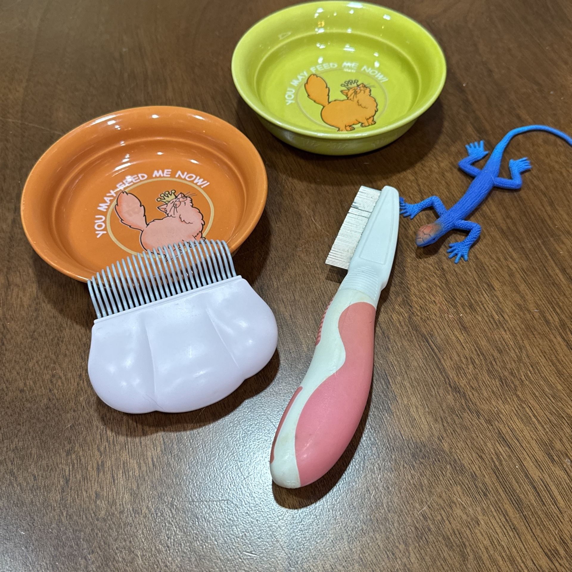 Lot of Cat Bowls, Brush, Flea Comb, & Toy