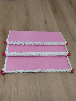 DIYed Magenta spackle "frosted" shelves with faux cherries