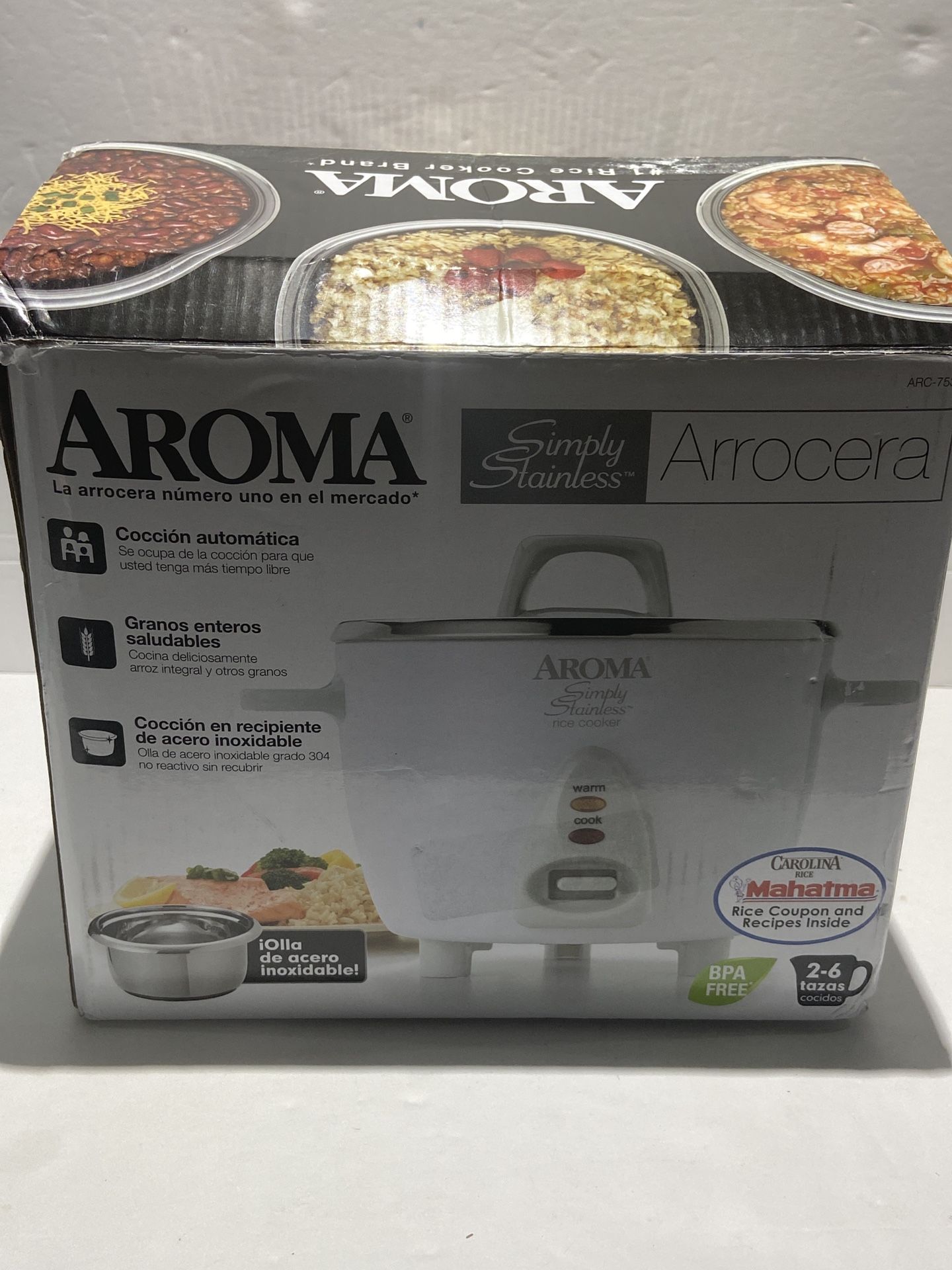 Aroma Simply Stainless 3-Cup(Uncooked) 6-Cup (Cooked) Rice Cooker, White