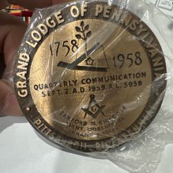 Vintage NEW 1958 Masonic Grand Lodge Pittsburgh Bicentennial Bronze Medallion