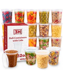 32oz Deli Containers with Lids (40 Sets/80 Pcs) Quart Plastic Containers with lids, BPA-Free Microwave Freezer Safe Bowl, Leakproof Food Prep Containe