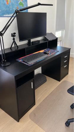 Black Computer Desk with Hutch and Storage