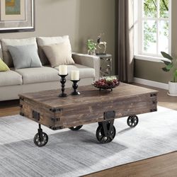 471  Brown Factory Cart Coffee Table, Vintage Center Table with Wheels for Living Room, Rectangular, Wood, Farmhouse, 47.25 Inches, Rustic Espresso/An