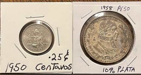 2 Vintage Silver Mexican Coins 1950  .25 Centavos, 1958 Un Peso