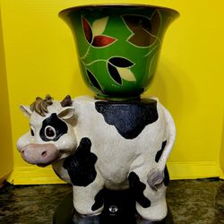 Vintage Cow Plant Stand 12" Tall Planter Pot 9"