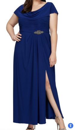 Women’s Formal Dress Plus Sizes 14, 20W, 22W Blue Alex Evenings Beaded Cowl Neck Ruffled