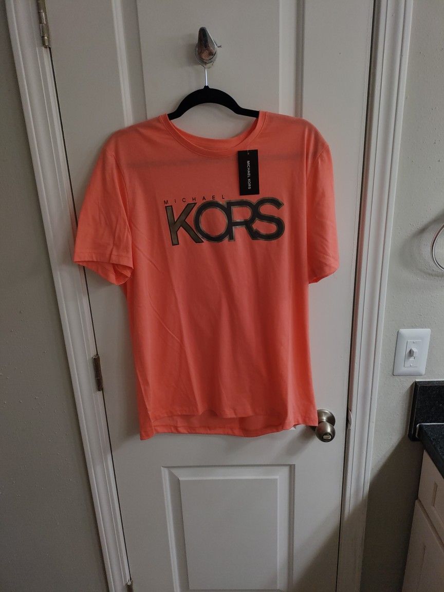 ** New**Michael Kors Men's Medium /Grapefruit Color Shirt Gold Metallic Lettering