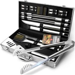 BBQ Grill Utensil Tools Set Reinforced BBQ Tongs 19-Piece Stainless-Steel Barbecue Grilling Accessories with Aluminum Storage Case -Complete Outdoor G