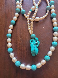 Beautiful Vintage Turquoise And Pearl 925 Silver Necklace $250
