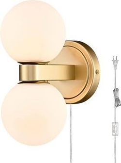 Mid Century Modern 2-Light Gold Wall Sconce with Milk Glass Shade,Brass Finish & Globe Glass Shade