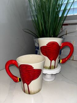Vibrant Pier 1 Ceramic Flamingo Mugs Set of 2 Red Coffee Cups Hand Painted Rare Accent Handle Coastal Kitchen