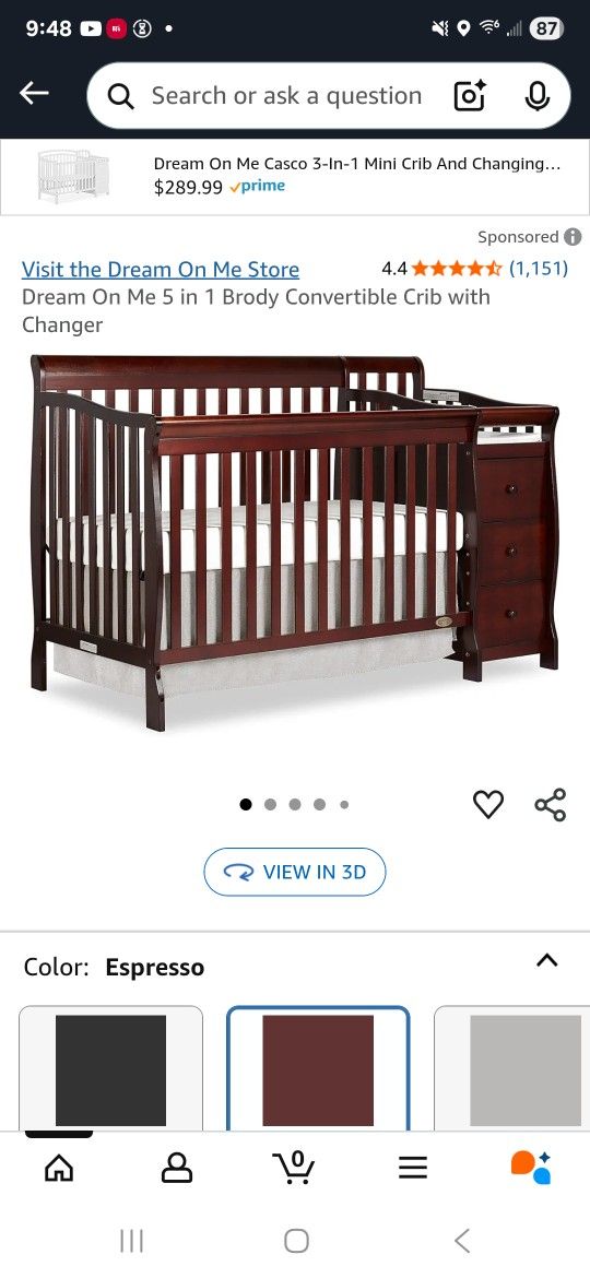 Dream On Me Infant crib with changing table, converts to toddler bed