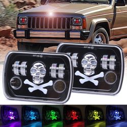 LED Headlight RGB Skull Bone For Ford F100 F150 F250 Pickup Trucks Pair 5X7" 7X6