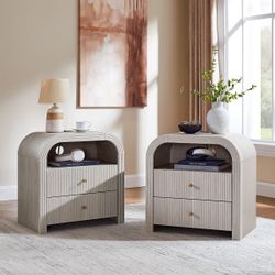 Fluted Nightstand Set of 2 with USB Charging, 24" End Tables with 2 Drawers, Rounded Corners, Modern Storage for Bedroom or Living Room, White Alder