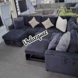 ✅️✅️4 pc Black corduroy fabric sectional sofa with storage chaise and love seat and pop up sleep area in center USB charging✅️✅️