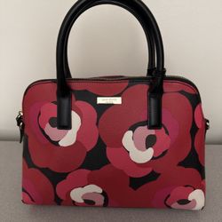 Kate Spade Floral Satchel – Red/Black Leather Handbag – Elegant Top Handle