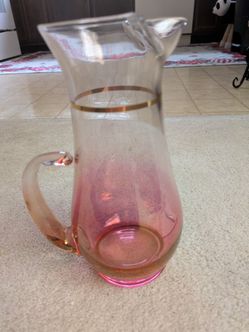 Old Glass Pitcher Pink, Gold, And Clear Glass