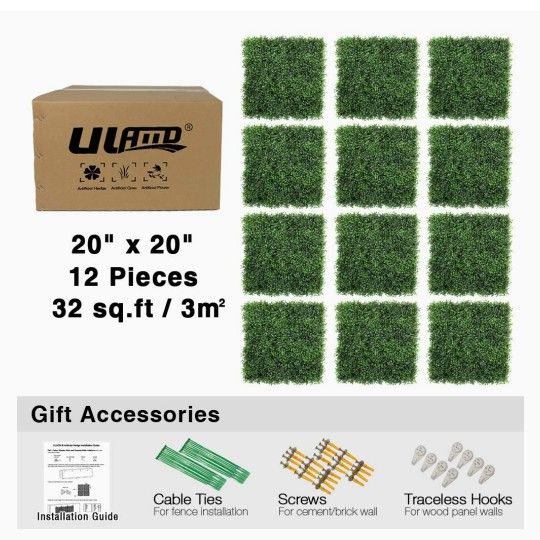 New ULAND Artificial Grass Wall Panels, 12pcs 20"x20" Boxwood Hedges Mats, Greenery Backdrop Garden Privacy Screen Fence