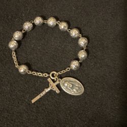 6” Vintage SilverTone Rosary Bracelet With 2 Charms 