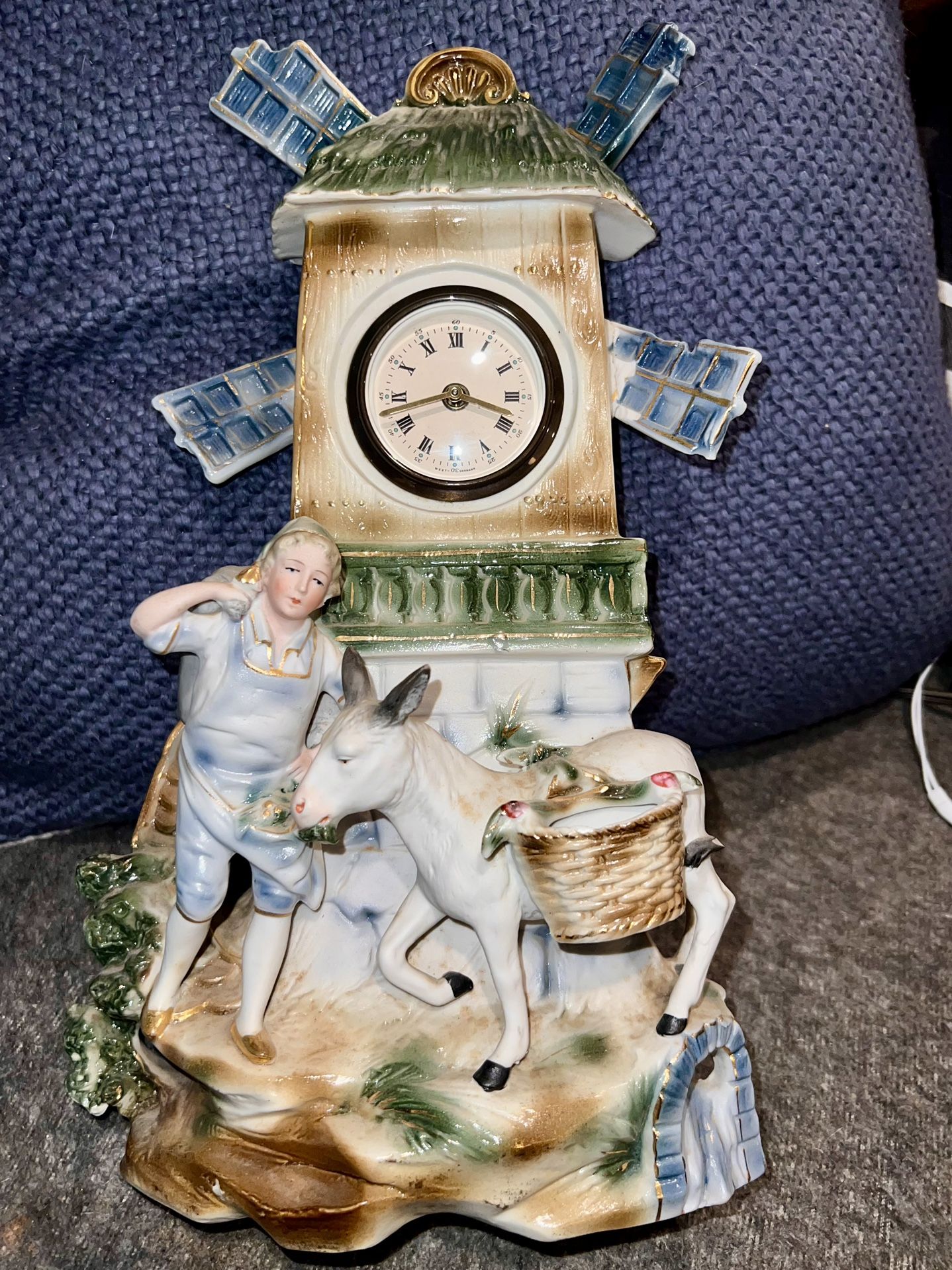 Vintage Ceramic Windmill Mantel Clock Made in Germany