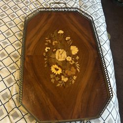 Vintage Retro MCM Tray Italian Marquetry Inlaid Wood Floral Brass Handles 