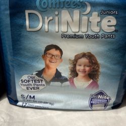  DriNight premium youth pants Juniors  12 Packs Of 17 Comfees Drinite   S/M 38Lbs to 65+Lbs Pull Ups $48 12 packs for $48.00 24 packs for $96.00