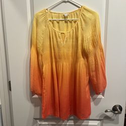 Spense Ombre Watercolor 3/4 Sleeve Blouse Tunic Top Size Large Yellow Orange. 