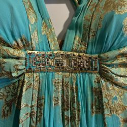 XSCAPE Turquoise Gold Long Formal Prom Dress - Size 6