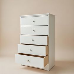 Brand New Chest White 5-Drawer W Silver Metal Knobs