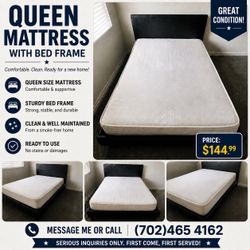 Queen size mattress and bed frame. (PICK UP ONLY) (Used)