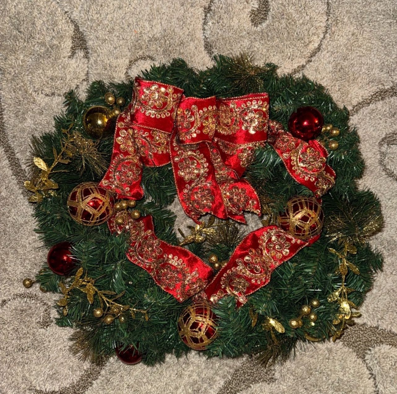 24" Elegant Green Holiday Wreath Ornaments/Ribbon Gold/Red (The Home Depot)