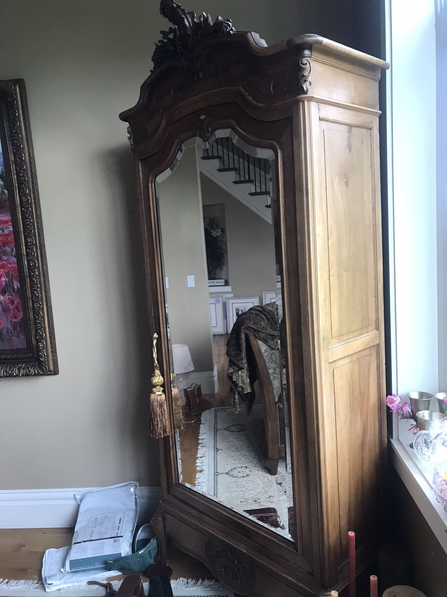 Antique Armoire glass mirror door internal shelves