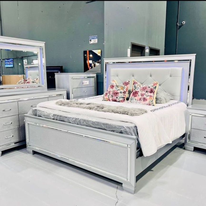 New Lillian Bed Set With dresser mirror, nightstand chest without mattress and free delivery