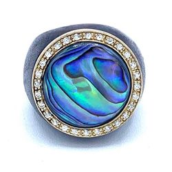 STERLING SILVER 18MM ABALONE BEADED HALO RING SIZE 7