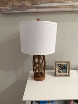 Rattan Table Lamp with White Drum Shade