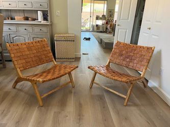 Pair of Woven Leather & Wood Lounge Chairs – Mid-Century Safari Style