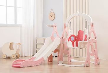Kinsuite Kids Slide and Swing Set - 2 - in - 1 Indoor Outdoor Playset for Toddlers 1 - 5 Years, Basketball Hoop & Non - Slip Design, Pink
