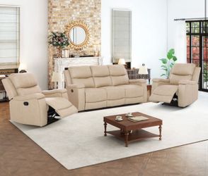 Beige leather fully reclining three piece couch set