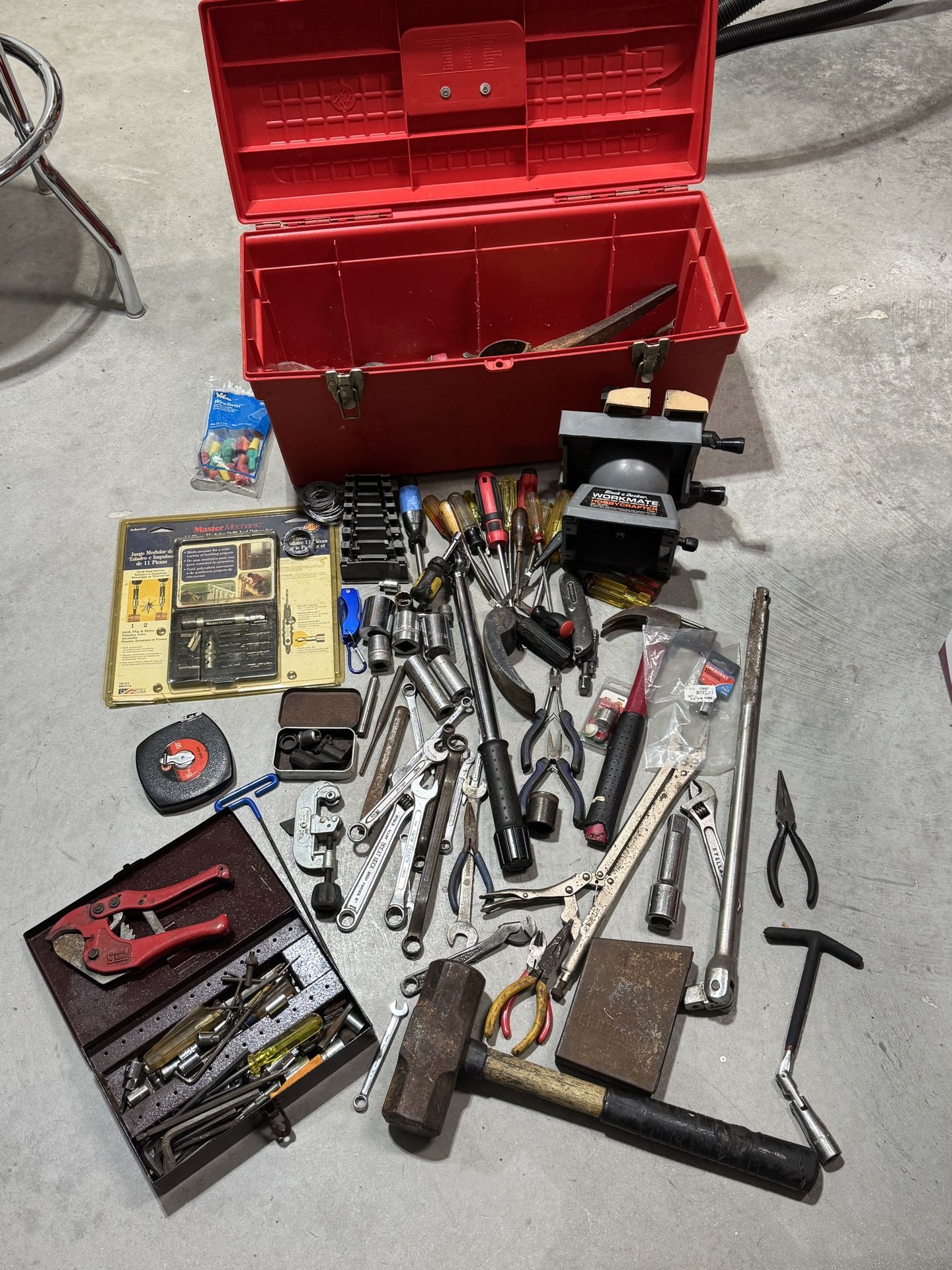 Tool box & tools, 3/4” drive wright breaker bar, craftsman torque wrench, sledge hammer etc. 