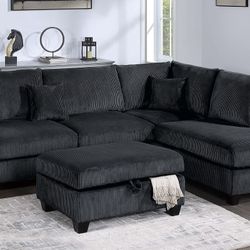 3-Piece Sectional Set RAF Chaise + LAF Sofa W/ USB Port + Storage Ottoman
