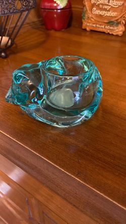 Vintage Indiana Glass Tea Light Votive Candle Holder Sleeping Cat Teal Aqua