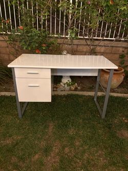 White Glossy Desk with 2 Drawers and Grey Metal Frame