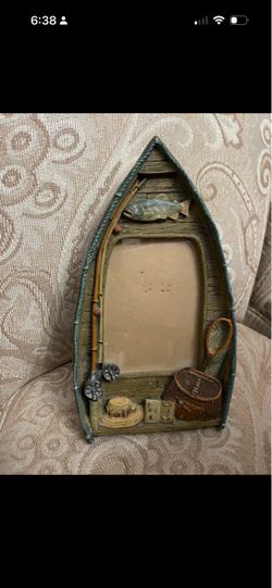 Vintage 3D Fishing Canoe Photo Frame Shadow Box Rustic Cabin Lodge Decor