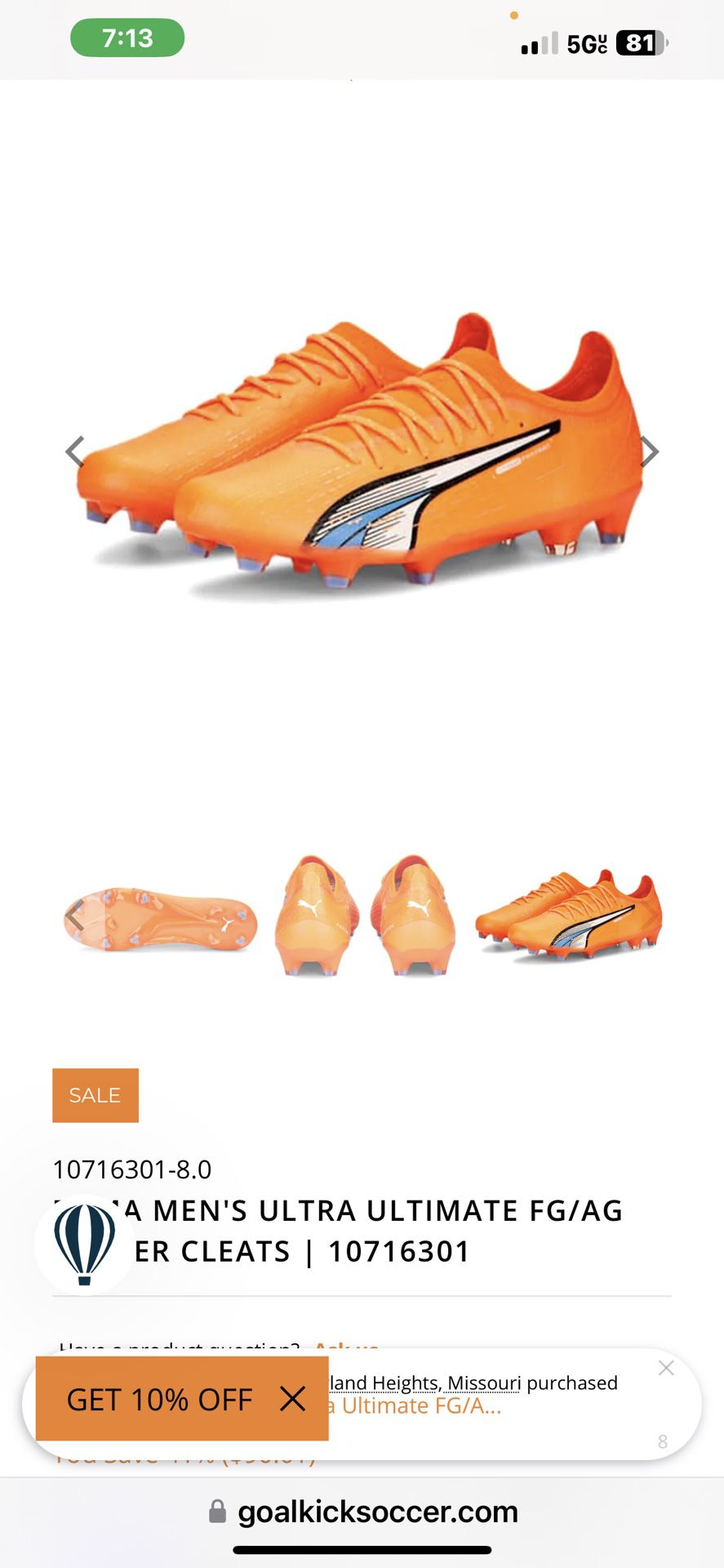 Puma Ultra Soccer Cleats Size :11,5