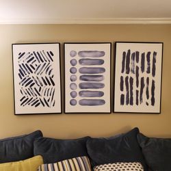 Framed Wall Art Print Set Geometric Navy Blue Line Art Abstract Lines