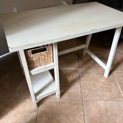 Vintage White Wood Desk with Basket Storage