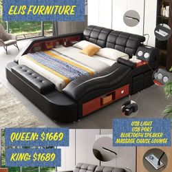 Elis Furniture Queen: $1669 Or King: $1689 Bed  Usb Light, Usb Port, Bluetooth Speaker & Massage Chaise Lounge