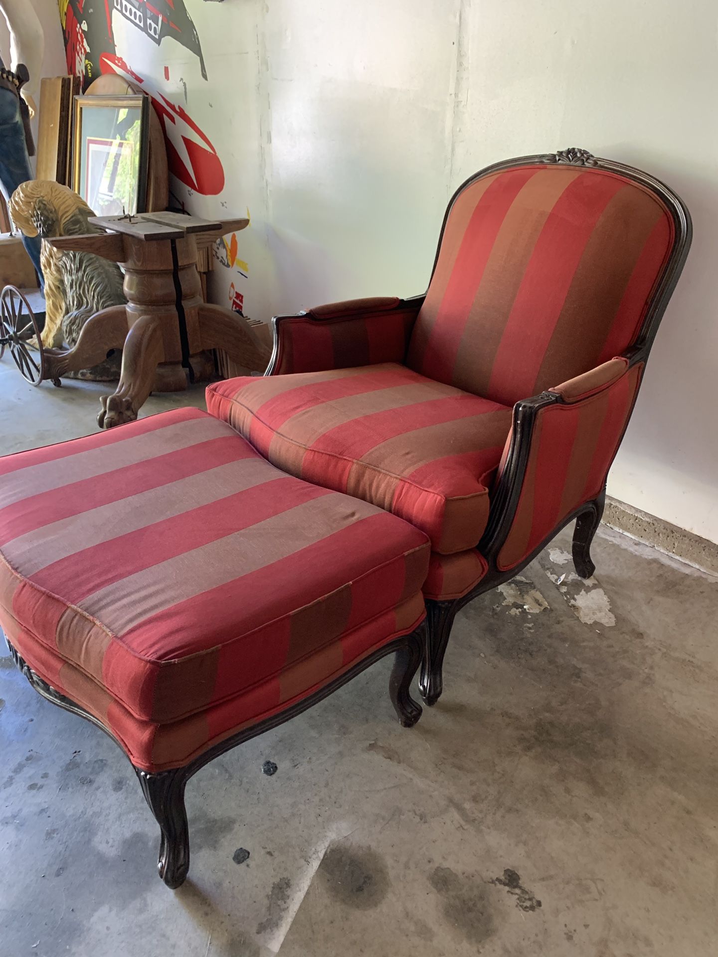 Red striped oversized chair with ottoman
